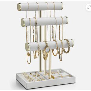 Vlando 3 Tier Bracelet Holder Organizer with Tray Leather Jewelry Stand Beige